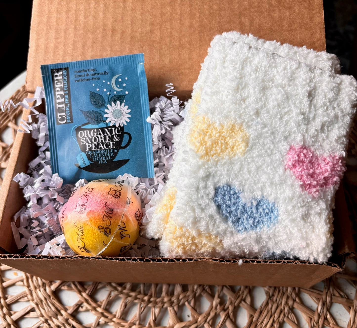 The Ultimate Cozy Gift Set - Fuzzy Socks, Bath Bomb, and Hot Tea