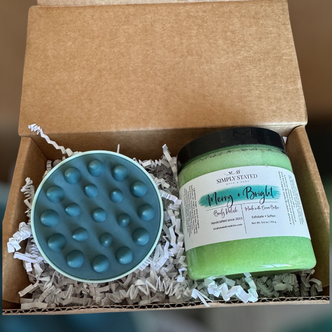 Relaxing Scalp Massager & Merry and Bright Body Polish Gift Set – Perfect Self-Care Holiday Treat!